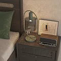 Stylish Table Lamp On Wooden Bedroom Bedside Table With Vintage Radio And Picture Frame