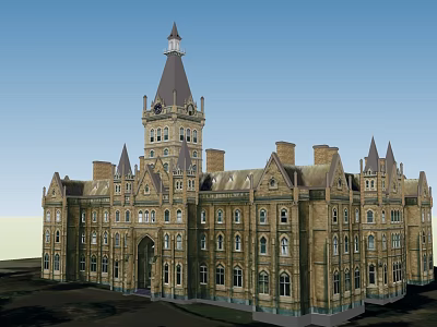 Historic Gothic Style Building With Stone Exterior Pointed Towers And Arched Windows 3d model