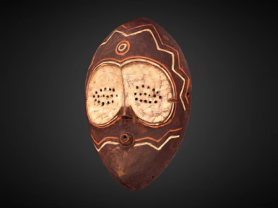 Traditional Handcrafted African Tribal Mask With Brown Geometric Patterns And Perforated Details 3d model