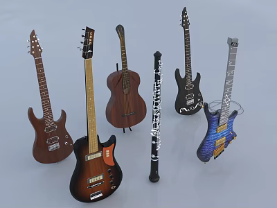 Diverse Musical Instruments and Art Supplies Featuring Guitars Flute and Ukulele 3d model