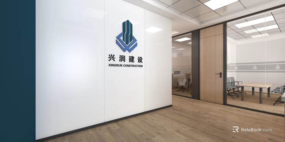 Public Office Space with Company Logo White Wall Glass Partition Office Desks Chairs Wooden Flooring 3d model 