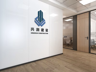 Public Office Space with Company Logo White Wall Glass Partition Office Desks Chairs Wooden Flooring 3d model