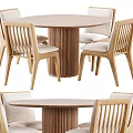 Wooden Round Dining Table Set with Fluted Base and Light Cushioned Chairs 3d model