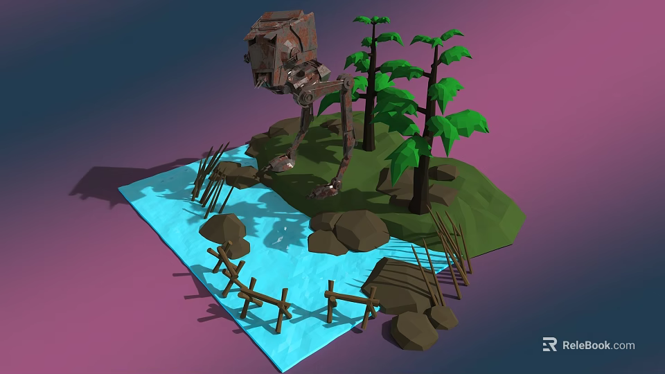 Cartoon Scene With Large Mechanical Structure Green Trees Water Area Rocks And Wooden Fence 3d model 