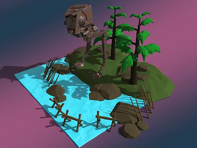 Cartoon Scene With Large Mechanical Structure Green Trees Water Area Rocks And Wooden Fence 3d model
