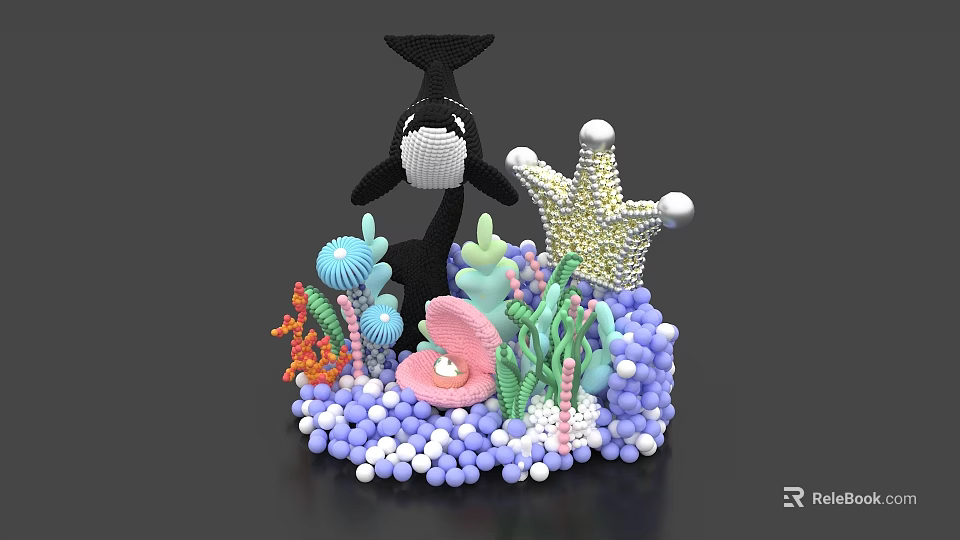 Colorful Inflatable Whale and Crown with Ocean Elements Seahorse Shell Coral and Bubbles 3d model 