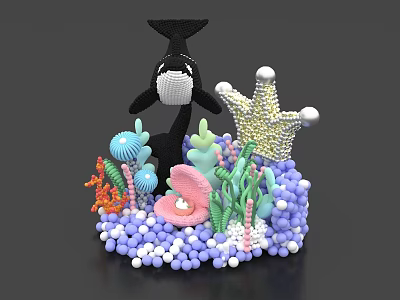 Colorful Inflatable Whale and Crown with Ocean Elements Seahorse Shell Coral and Bubbles 3d model