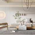 Modern Living Room Interior Design With White Sofa Wooden Chair Chandelier And Circular Decorative Wall
