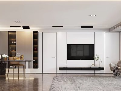 Modern Living and Dining Room Interior With White Cabinets TV Wall Dining Table And Rug 3d model