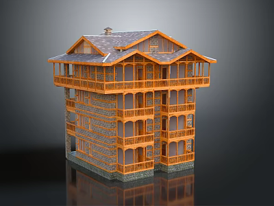 Multi Story Traditional Urban Building Complex With Wooden Balconies Stone Walls And Sloped Roofs 3d model