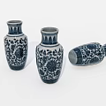 Three Blue and White Ceramic Vessels With Traditional Floral Design Patterns 3d model