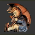Adorable Red Haired Girl Figurine With Braids In Blue Dress Sitting Holding Brown Umbrella