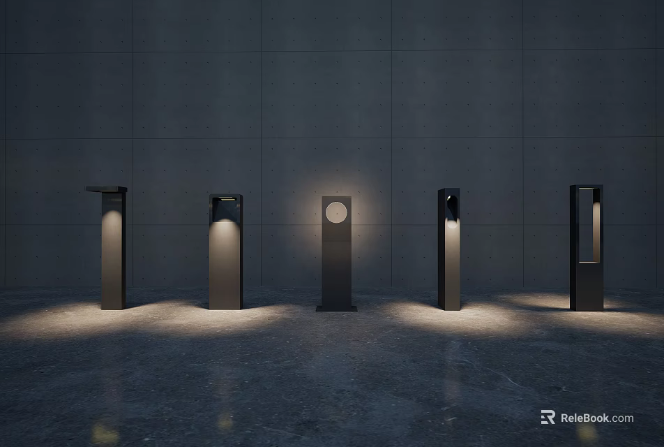 Modern Outdoor Pillar Lights With Soft Illumination Against Gray Wall Background 3d model 