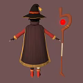 3D Witch Character Wearing Red Robe Black Hat Holding Staff With Red Orb