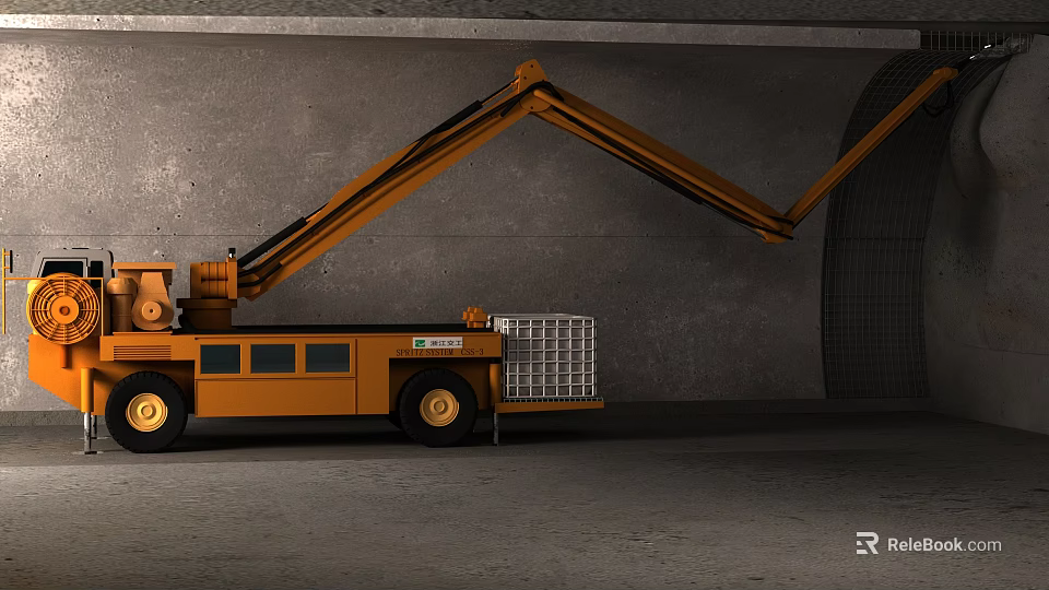 Orange Utility Vehicle with Extendable Boom and Metal Work Platform in Gray Indoor Tunnel Setting 3d model 