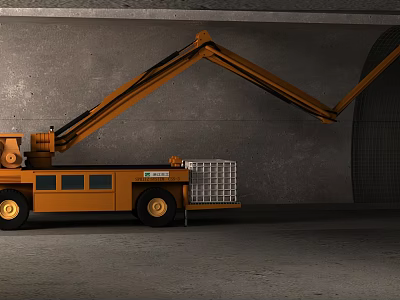 Orange Utility Vehicle with Extendable Boom and Metal Work Platform in Gray Indoor Tunnel Setting 3d model