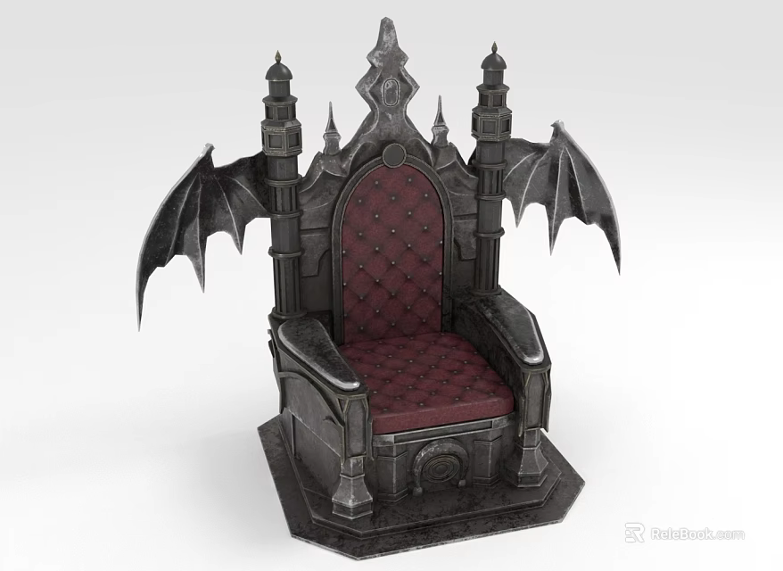 Gothic Style Throne With Bat Wings Spires And Red Upholstered Seat 3d model 