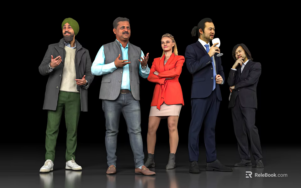 Diverse Group of People in Casual and Formal Attire Standing Speaking Interacting on Stage 3d model 