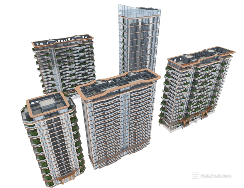 Modern High rise Residential Buildings With Green Balconies And Architectural Design Features 3d model 
