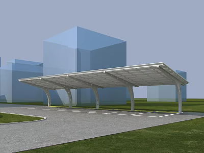 White Outdoor Carport With Supporting Columns For Parking Near Blue Buildings Green Lawn And Road 3d model