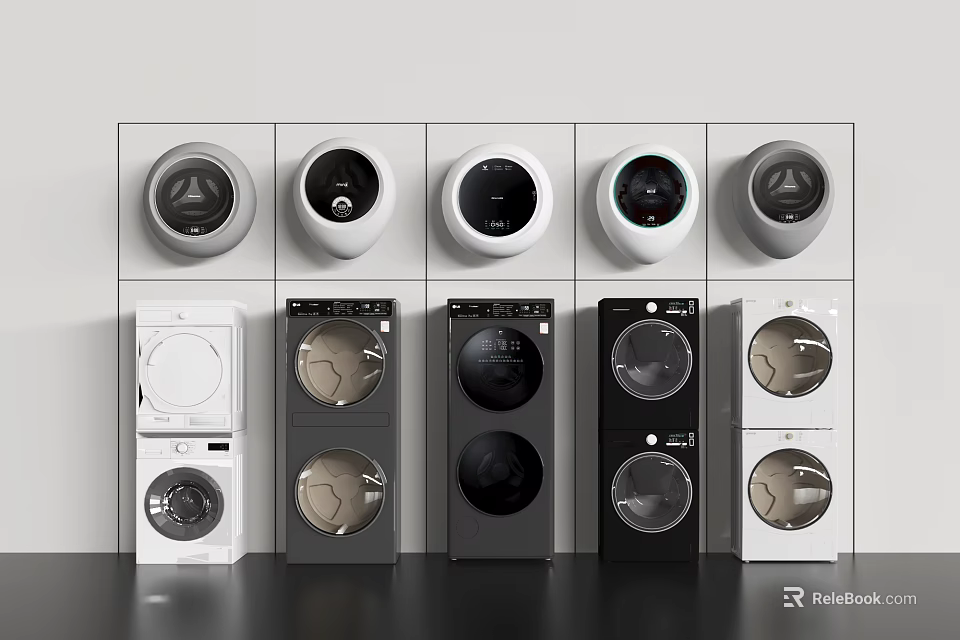 Washing Machines In Various Modern Designs And Different Colors For Home Laundry Appliances 3d model 