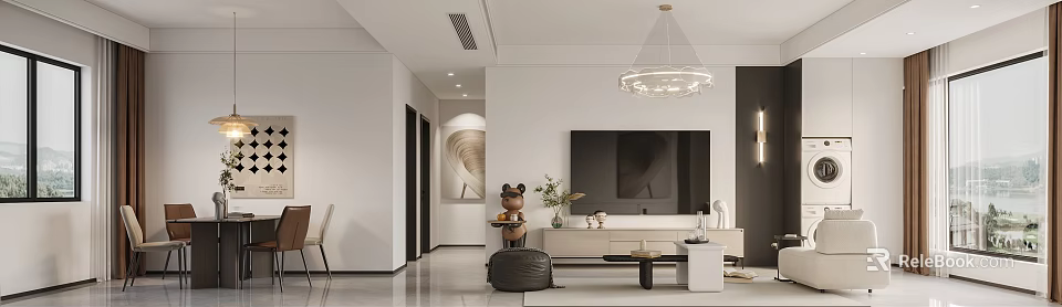 Modern Living And Dining Room Interior With Pendant Light TV And Decorative Paintings 3d model 