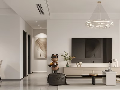 Modern Living And Dining Room Interior With Pendant Light TV And Decorative Paintings 3d model