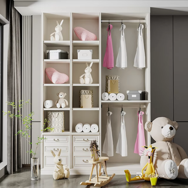 Wardrobe Interior With Hanging Pink And White Garments Storage Shelves Drawers And Stuffed Toys 3d model 