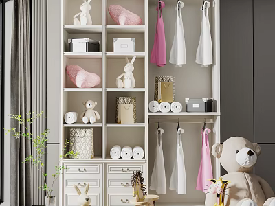 Wardrobe Interior With Hanging Pink And White Garments Storage Shelves Drawers And Stuffed Toys 3d model