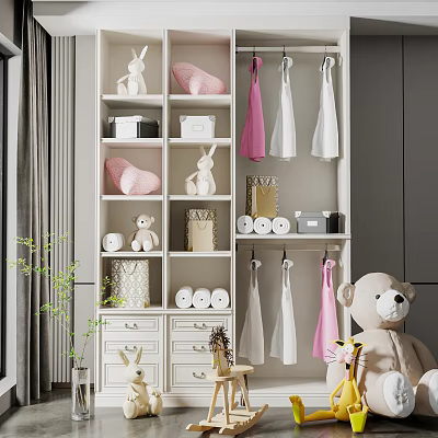 Wardrobe Interior With Hanging Pink And White Garments Storage Shelves Drawers And Stuffed Toys 3d model