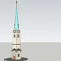Ancient Historic Tower with Blue Spire Stone Structure Clock and Wooden Door