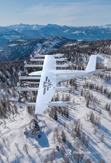 Aerial View Of Large White Aircraft With Multiple Propellers In Snowy Mountain Forest 3d model 