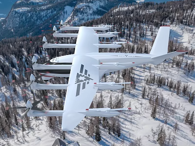 Aerial View Of Large White Aircraft With Multiple Propellers In Snowy Mountain Forest 3d model