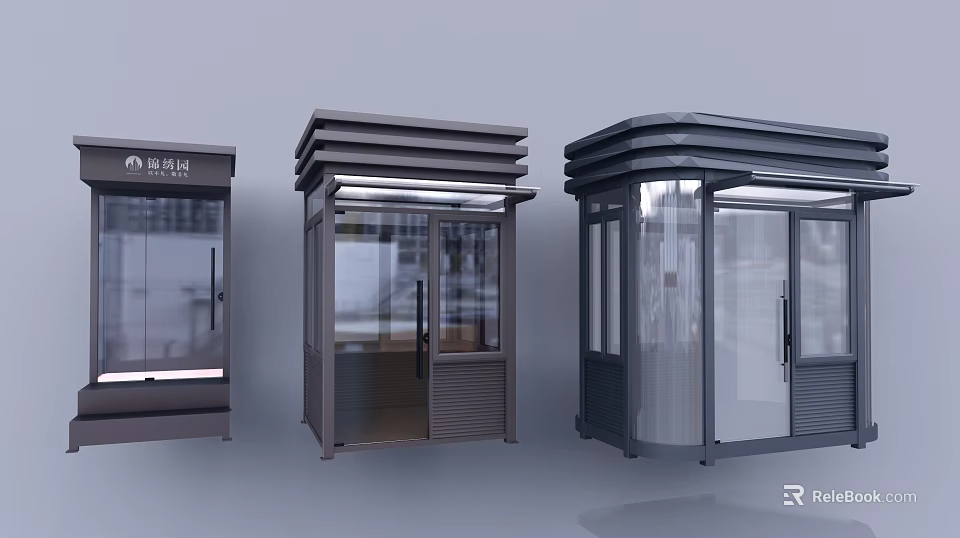 Three Modern Security Booth Designs Featuring Glass Doors And Metal Frames 3d model