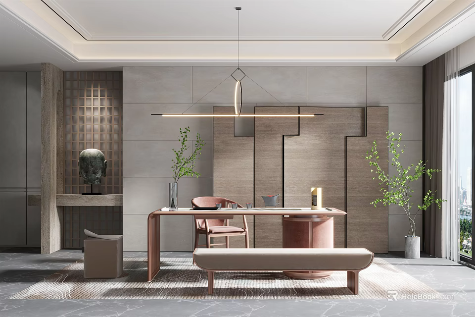 Modern Tea Room Interior With Wooden Tea Table Chairs Pendant Light And Green Plants 3d model 