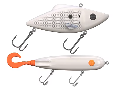 White Fish Shaped And Slender Fishing Lures With Honeycomb Texture Orange Hook 3d model