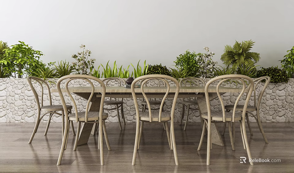 Modern Minimalist Dining Table Set with Curved Back Wooden Chairs and Green Plants 3d model 