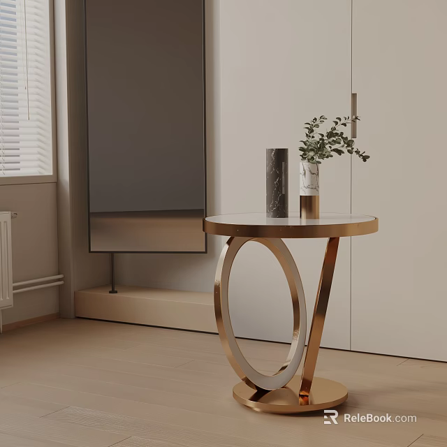 Modern Bedside Table With Golden Frame Round Marble Top And Decorative Vase With Green Plants 3d model 