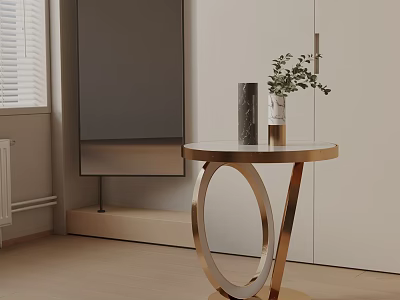 Modern Bedside Table With Golden Frame Round Marble Top And Decorative Vase With Green Plants 3d model