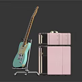 Light Blue Electric Guitar With Two Pink Amplifiers On Dark Reflective Background