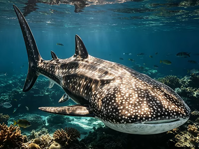 Whale Shark Swimming Among Coral Reef With Small Fish In Sunlit Underwater Environment 3d model