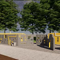 Yellow Gray Geometric Feature Wall Design With Paved Ground Surrounded by Trees 3d model