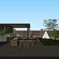 Courtyard Garden Design With Wooden Pergola Outdoor Dining Area Green Plants And Stone Flooring