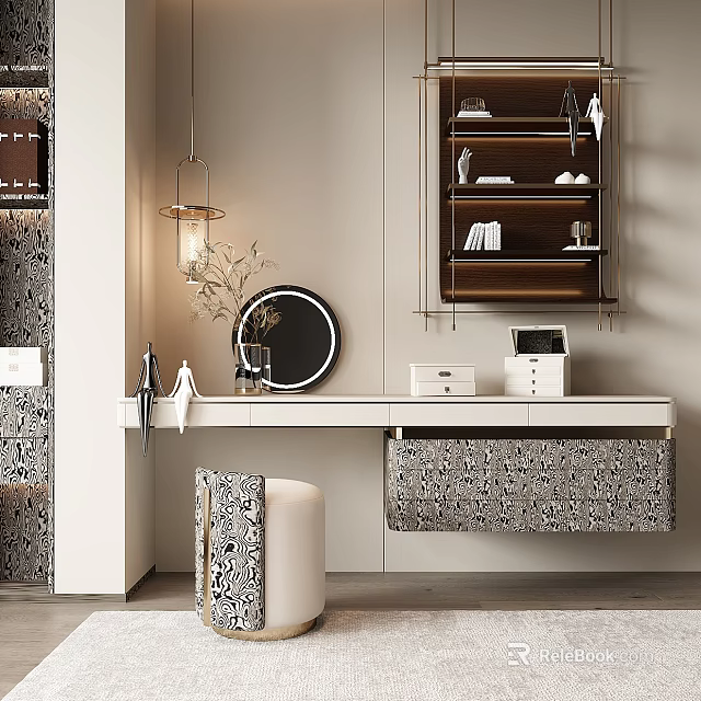 Elegant Modern Floating Dressing Table With Round Led Mirror And Stylish Patterned Vanity Stool 3d model 