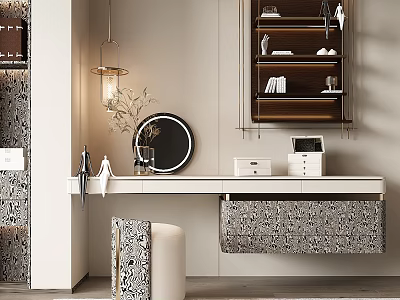Elegant Modern Floating Dressing Table With Round Led Mirror And Stylish Patterned Vanity Stool 3d model