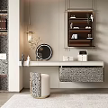 Elegant Modern Floating Dressing Table With Round Led Mirror And Stylish Patterned Vanity Stool