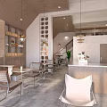 Modern Café Interior Design With Textured Wall Art Wooden Counter And Hanging Lights