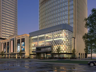 Modern Commercial Complex With Tall Buildings Glass Facade Billboards And Evening Street View 3d model