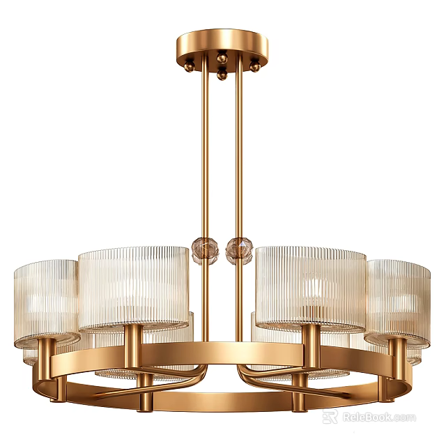 Modern Golden Metal Chandelier With Ribbed Glass Shades And Circular Design 3d model 