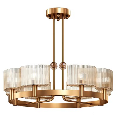 Modern Golden Metal Chandelier With Ribbed Glass Shades And Circular Design 3d model